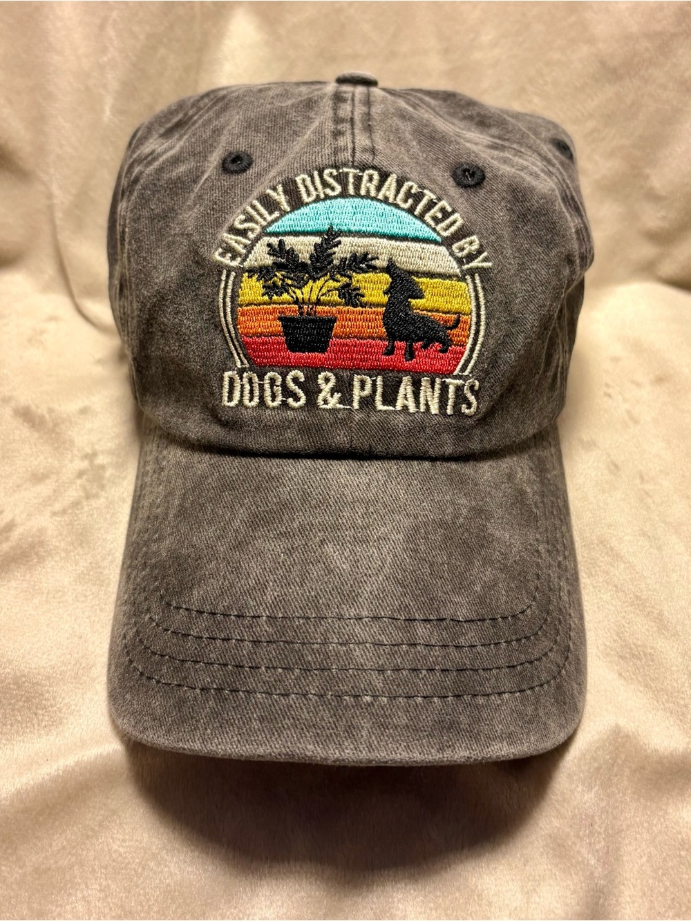 "Easily Distracted by Dogs & Plants" Embroidered Baseball Cap - Charcoal
